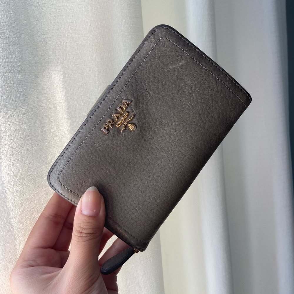Prada Grey Taupe Leather Zip Card Wallet with Gold Logo